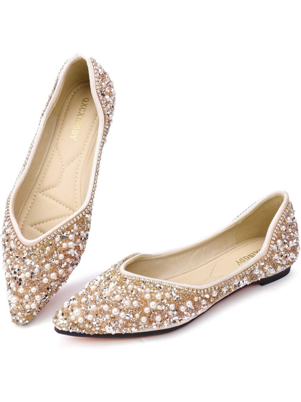 〽️Women's Gold Rhinestone Flats Pointed Toe Pearl Diamond Low Heel Ballet Shoes
